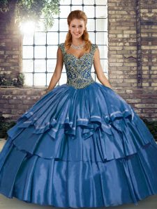 Blue Taffeta Lace Up 15 Quinceanera Dress Sleeveless Floor Length Beading and Ruffled Layers