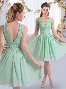 Trendy Apple Green Empire Chiffon V-neck Sleeveless Beading Knee Length Zipper Damas Dress