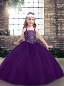 Floor Length Eggplant Purple Little Girls Pageant Dress Wholesale Tulle Sleeveless Beading