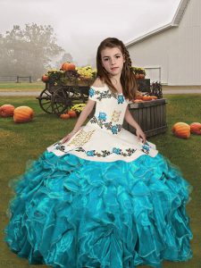 Charming Aqua Blue Organza Lace Up Little Girls Pageant Dress Sleeveless Floor Length Embroidery and Ruffles