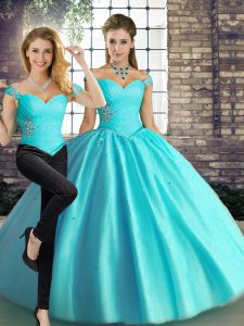 Floor Length Aqua Blue Vestidos de Quinceanera Tulle Sleeveless Beading