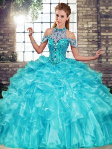 Aqua Blue Lace Up Halter Top Beading and Ruffles Quinceanera Dresses Organza Sleeveless