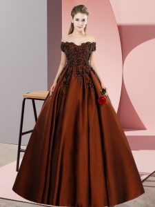 Brown Satin Zipper Off The Shoulder Sleeveless Floor Length Sweet 16 Quinceanera Dress Lace and Appliques