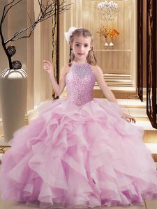 Fashionable Sleeveless Lace Up Floor Length Beading and Ruffles Kids Pageant Dress