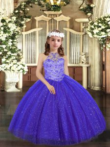 Unique Ball Gowns Pageant Gowns For Girls Royal Blue Halter Top Tulle Sleeveless Floor Length Lace Up