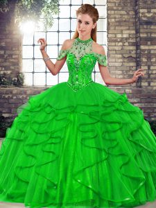 Discount Sleeveless Tulle Floor Length Lace Up 15th Birthday Dress in Green with Beading and Ruffles