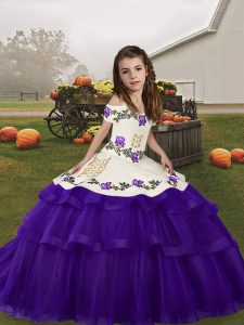 Low Price Tulle Straps Sleeveless Lace Up Embroidery and Ruffled Layers Pageant Gowns For Girls in Purple