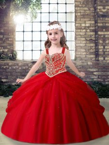 Hot Sale Sleeveless Floor Length Beading Lace Up Kids Formal Wear with Red