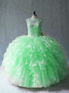 Custom Designed Scoop Neckline Beading and Ruffles Ball Gown Prom Dress Sleeveless Lace Up