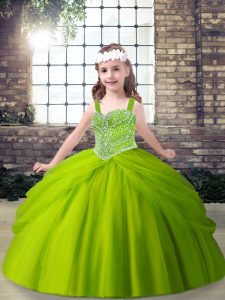 Sleeveless Floor Length Beading and Pick Ups Lace Up Kids Formal Wear with Green