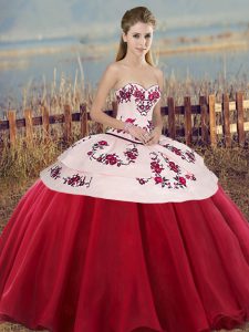 Spectacular Ball Gowns Quince Ball Gowns White And Red Sweetheart Tulle Sleeveless Floor Length Lace Up