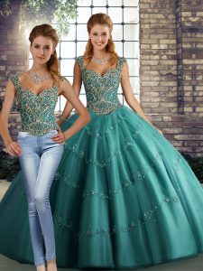 Graceful Teal Lace Up Quinceanera Dresses Beading and Appliques Sleeveless Floor Length