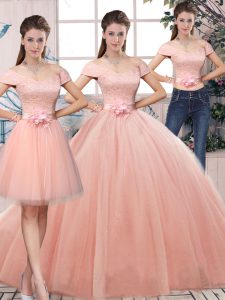 Graceful Pink Three Pieces Lace and Hand Made Flower Sweet 16 Dresses Lace Up Tulle Short Sleeves Floor Length