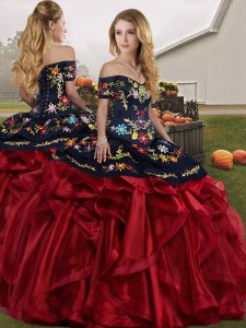 Customized Ball Gowns Quinceanera Gowns Red And Black Off The Shoulder Organza Sleeveless Floor Length Lace Up