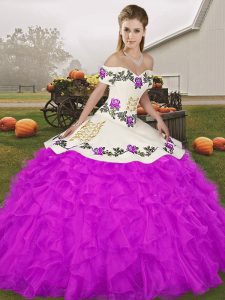 Elegant Purple Lace Up Off The Shoulder Embroidery and Ruffles Quinceanera Gowns Organza Sleeveless