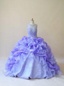 Lavender Organza Zipper Quinceanera Gowns Sleeveless Brush Train Beading and Ruffles