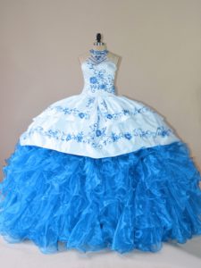 Unique Blue Organza Lace Up Halter Top Sleeveless 15 Quinceanera Dress Court Train Embroidery and Ruffles