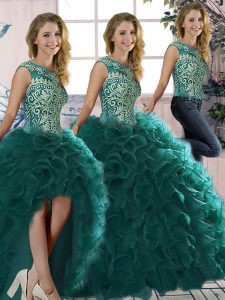 Smart Scoop Sleeveless Sweet 16 Dress Floor Length Beading and Ruffles Peacock Green Organza