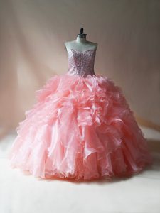 Sumptuous Pink Organza Lace Up Sweetheart Sleeveless Floor Length Quinceanera Dresses Beading and Ruffles