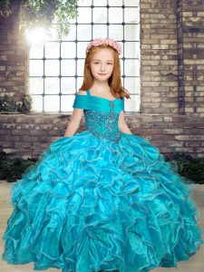 Wonderful Organza Straps Sleeveless Lace Up Beading Little Girls Pageant Dress Wholesale in Aqua Blue