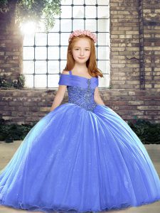 Tulle Straps Sleeveless Brush Train Lace Up Beading Little Girl Pageant Gowns in Blue