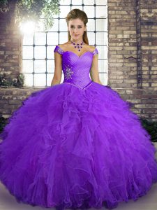 Artistic Floor Length Purple Quinceanera Gowns Tulle Sleeveless Beading and Ruffles