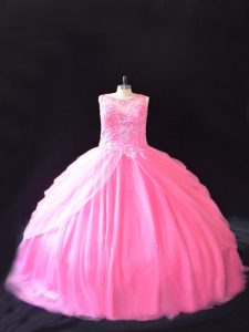 Admirable Rose Pink Tulle Lace Up Ball Gown Prom Dress Sleeveless Court Train Beading