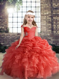 Coral Red Sleeveless Organza Lace Up Girls Pageant Dresses for Party and Wedding Party