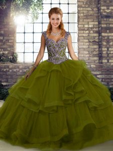 Most Popular Olive Green Ball Gowns Beading and Ruffles Quinceanera Dress Lace Up Tulle Sleeveless Floor Length