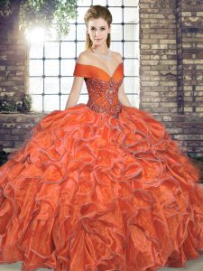 High Quality Beading and Ruffles Quince Ball Gowns Orange Red Lace Up Sleeveless Floor Length