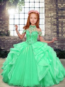 Apple Green Lace Up Girls Pageant Dresses Beading and Ruffles Sleeveless Floor Length