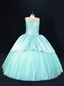 Captivating Floor Length Aqua Blue 15th Birthday Dress Satin and Tulle Sleeveless Beading