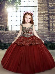 Dazzling Floor Length Ball Gowns Sleeveless Red Child Pageant Dress Lace Up