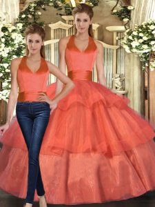 Best Selling Orange Lace Up Halter Top Ruffled Layers Quinceanera Dresses Organza Sleeveless