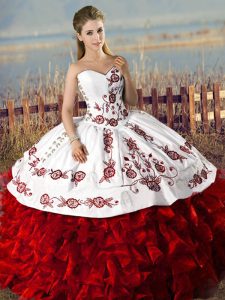 Customized White And Red Sweetheart Neckline Embroidery and Ruffles Ball Gown Prom Dress Sleeveless Lace Up