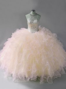 Suitable Multi-color Ball Gowns Halter Top Sleeveless Tulle Floor Length Lace Up Beading and Ruffles Sweet 16 Dresses