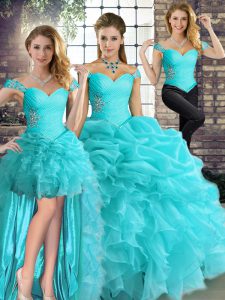 On Sale Off The Shoulder Sleeveless Lace Up Vestidos de Quinceanera Aqua Blue Organza