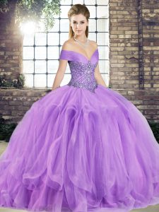 Lavender Lace Up Vestidos de Quinceanera Beading and Ruffles Sleeveless Floor Length