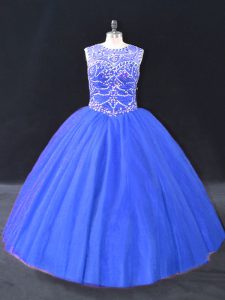 Sleeveless Floor Length Beading Lace Up Quinceanera Gown with Blue