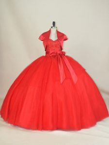 Hot Sale Red Sweetheart Neckline Beading and Bowknot Ball Gown Prom Dress Sleeveless Lace Up