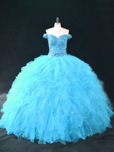 Tulle Sleeveless Floor Length Quince Ball Gowns and Beading and Ruffles