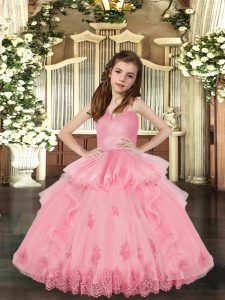 Excellent Tulle Straps Sleeveless Lace Up Lace and Appliques Pageant Gowns For Girls in Baby Pink