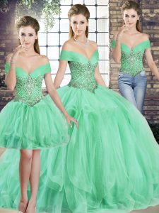 Apple Green Tulle Lace Up Off The Shoulder Sleeveless Floor Length Sweet 16 Dresses Beading and Ruffles