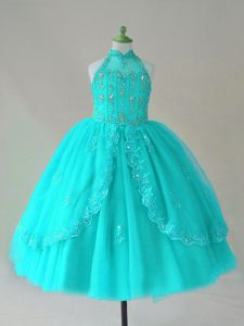 Sleeveless Floor Length Beading and Appliques Lace Up Pageant Gowns For Girls with Aqua Blue