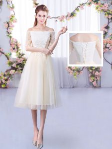 Beautiful Champagne Lace Up Vestidos de Damas Lace Half Sleeves Ankle Length