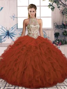 Romantic Ball Gowns Vestidos de Quinceanera Rust Red Halter Top Tulle Sleeveless Floor Length Lace Up