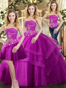 Gorgeous Fuchsia Sleeveless Floor Length Beading and Ruffled Layers Lace Up Vestidos de Quinceanera