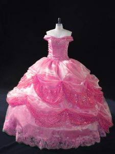 Off The Shoulder Sleeveless Vestidos de Quinceanera Floor Length Beading and Sequins Rose Pink Organza