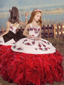 Embroidery and Ruffles Girls Pageant Dresses Red Lace Up Sleeveless Floor Length