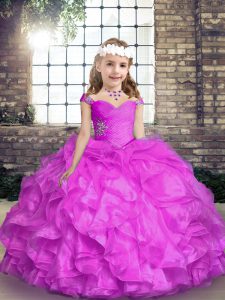 Straps Sleeveless Kids Formal Wear Floor Length Beading and Ruffles Lilac Organza